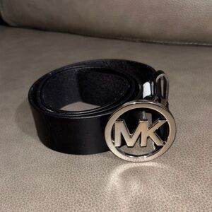Michael Kors Black Leather Belt with Silver MK Logo